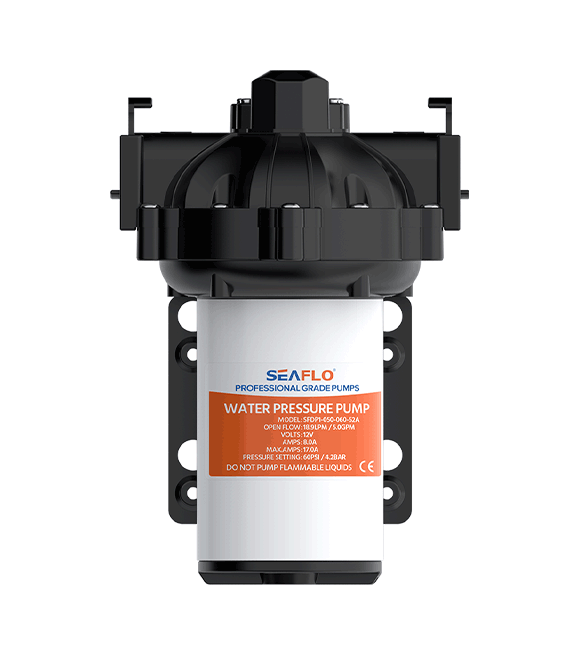 4GPM 12V Diaphragm Pump 60PSI Side View, by Seaflo, sold by Off-Grid Living Solutions Provider, The Cabin Depot Canada/USA