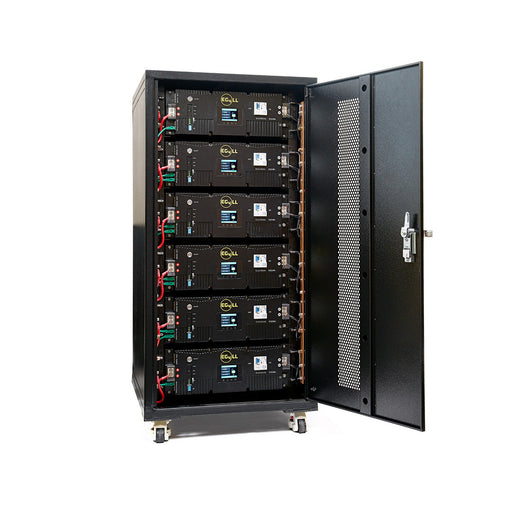 EG4 enclosed battery rack with six LL-S 100Ah 48V lithium batteries, total capacity 30.72kWh, in a neat arrangement.