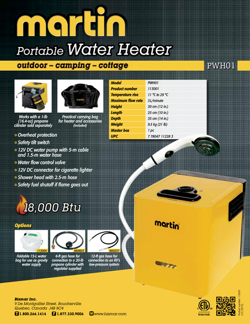 Martin PWH01 portable water heater brochure from The Cabin Depot