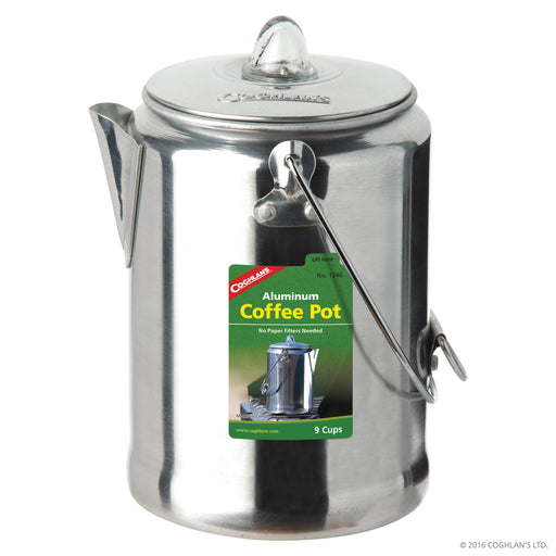 Coghlans Aluminum Coffee Pot 9 cup Camping / Outdoors Coghlans- The Cabin Depot Off-Grid Off Grid Living Solutions Cabin Cottage Camp Solar Panel Water Heater Hunting Fishing Boats RVs Outdoors