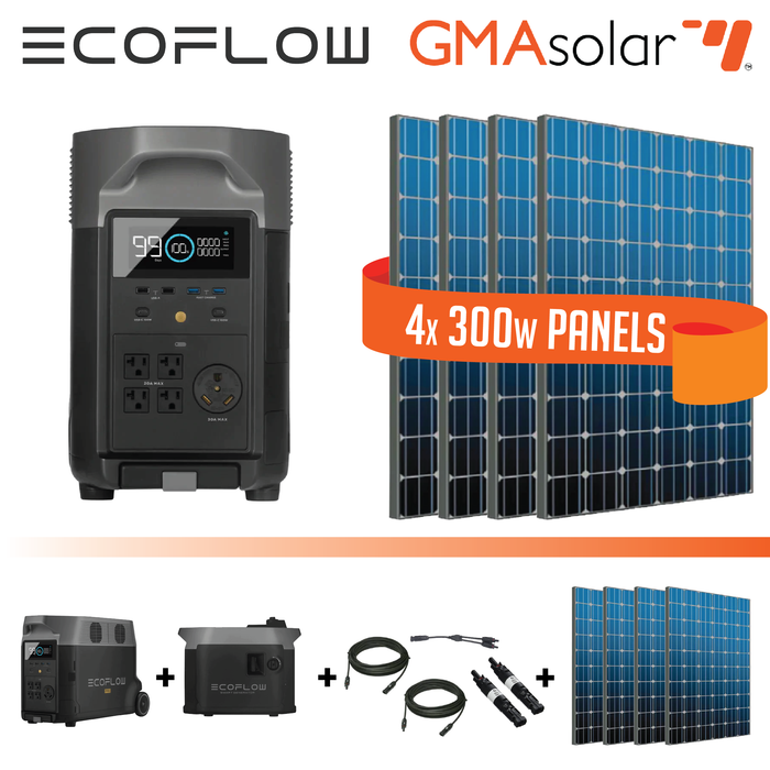 EcoFlow Delta Pro Portable Power Station Bundle with 4x 300w GMA panels, An EcoFlow Delta Pro, all necessary components, and an EcoFlow Smart Generator