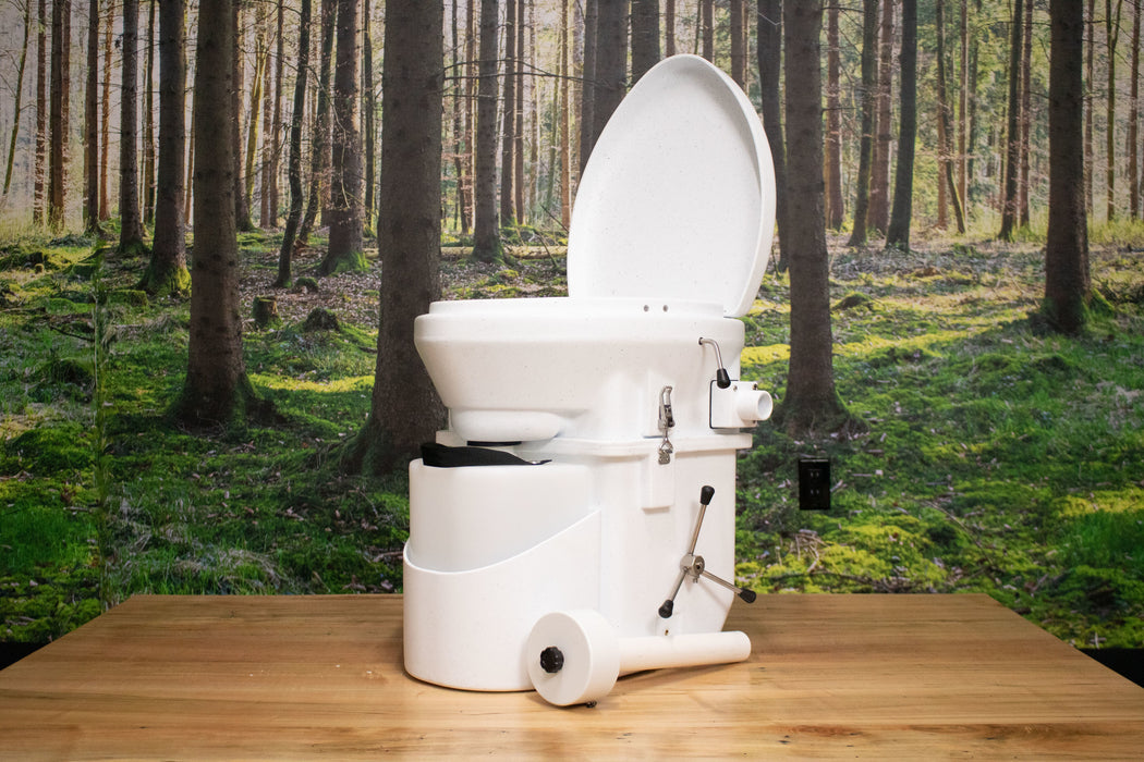 Natures Head marine composting toilet with foot spider handle