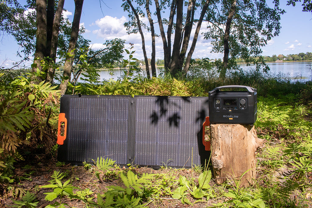Ecoflow River Pro connected to Kedron Solar® 100 Watt Lightweight Folding Solar Kit