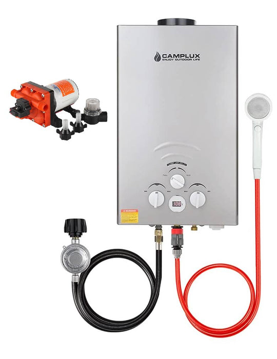 Camplux 8L Grey Propane Gas Tankless Water Heater w/ Seaflo Pump & Strainer