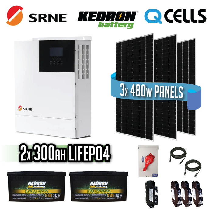 2 Kedron 300 Amp Hour batteries, 48V SRNE, 7.2kWh LifePo4 Solar Kit Canada with Three QCells 480W Solar Panels