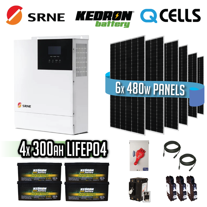 Four Kedron 300 Amp Hour batteries, 48V SRNE, 14.4KW LifePo4 Solar Kit Canada with QCells 480W Solar Panels